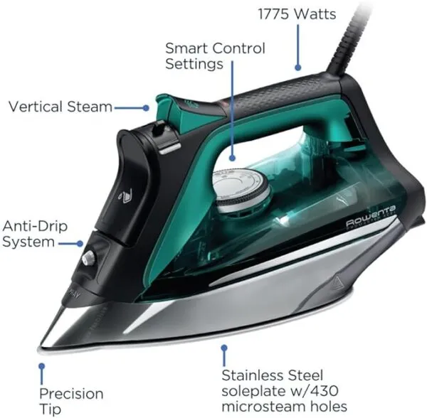 Rowenta Pro Master Stainless Steel Soleplate Steam Iron for Clothes, 210 g/min, 400 Microsteam Holes, Cotton, Wool, Poly, Silk, Linen, Nylon 1775 Watts Ironing, Garment Steamer, Powerful Steam DW8360