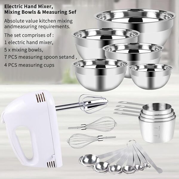 5 Speeds Handheld Mixer with 5 Nesting Stainless Steel Mixing Bowl set